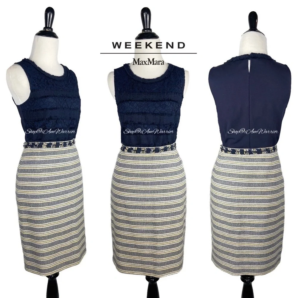 Weekend Max Mara striped cotton tweed fringe trim pencil skirt *shop@iamwarrior